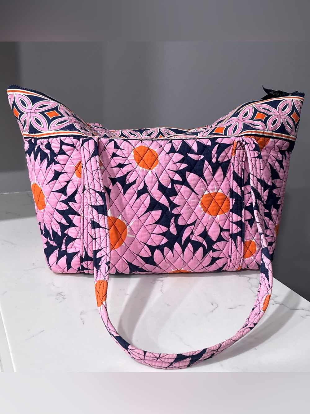 Quilted Pink & Navy Floral Tote Bag with Orange Accents